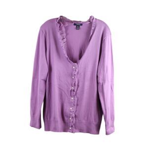 Chaps Purple Women's Sweater Button Up Ruffle Trim 2X 058